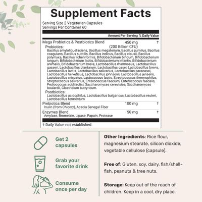 Mega Probiotics 200 Billion CFU, 120 Veggie Capsules 40 Strains with Inulin, Acacia, Bromelain, Papain, More Max Potency Synbiotic Enzyme Complex Supports Gut Digestive Health