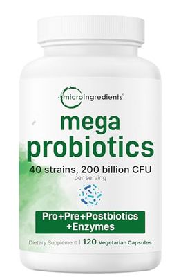 Mega Probiotics 200 Billion CFU, 120 Veggie Capsules 40 Strains with Inulin, Acacia, Bromelain, Papain, More Max Potency Synbiotic Enzyme Complex Supports Gut Digestive Health