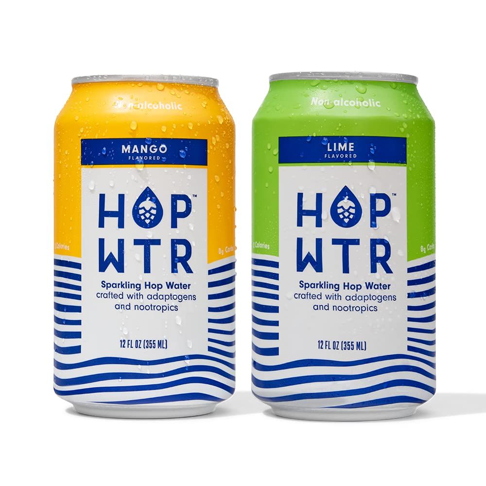 HOP WTR Sparkling Hop Water Lime 6 Pack, Mango 6 Pack, Sugar Free, Low Carb Non Alcoholic Drinks, NA Beer, Adaptogen Drink, No Calories, Adaptogens Nootropics for Added Benefits, 12 oz Cans