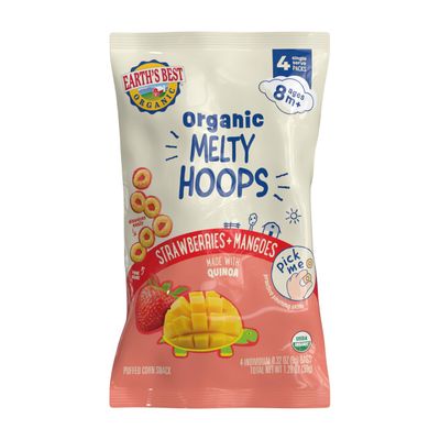 Earth&#39;s Best Organic Melty Hoops, Bite-Sized Snacks for Babies 8 Months and Up, Strawberry and Mango, 0.32 Ounce Individual Bags (Pack of 4)
