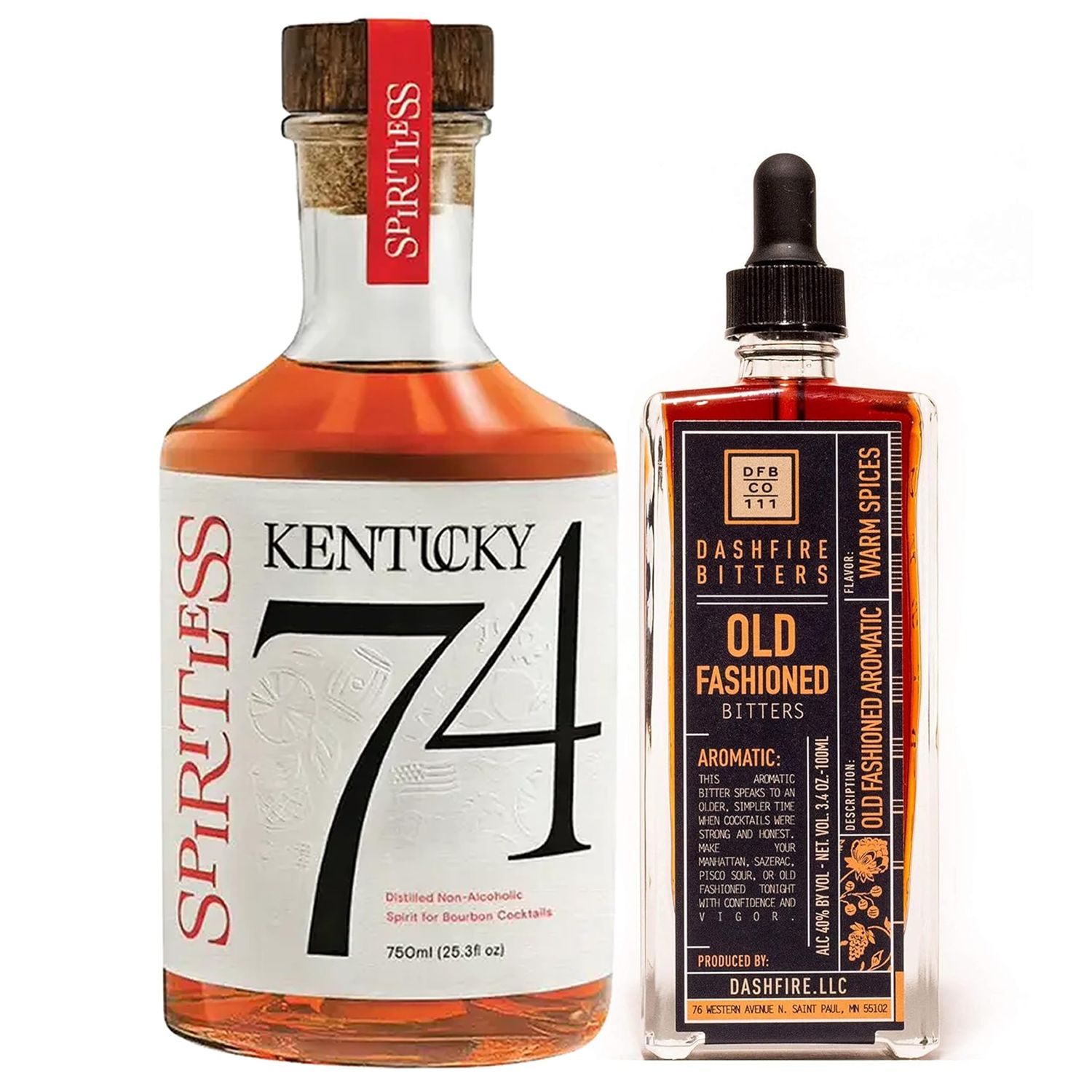 Spiritless Kentucky 74 Distilled Non-Alcoholic Whiskey Bundle with Dashfire Bitters - Old Fashioned - Premium Zero-Proof Liquor Spirits for a Refreshing Experience