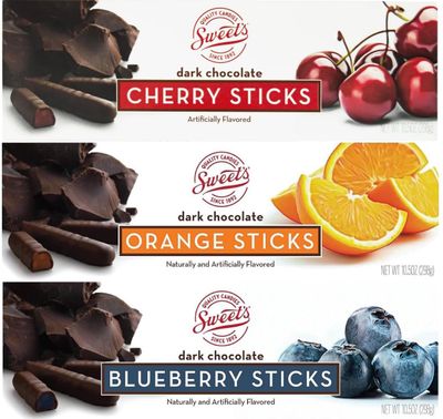 Sweet&#39;s Candy Dark Chocolate Sticks Variety 3 Pack (1) Cherry (1) Orange (1) Blueberry (1) Happy Holiday Gift Tag Bundle