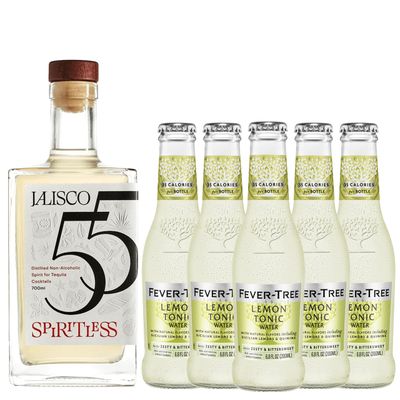 Spiritless Jalisco 55 Distilled Non-Alcoholic Tequila Bundle with Fever Tree Lemon Tonic - Tequila Collins - Premium Zero-Proof Liquor Spirits for a Refreshing Experience 5 PACK