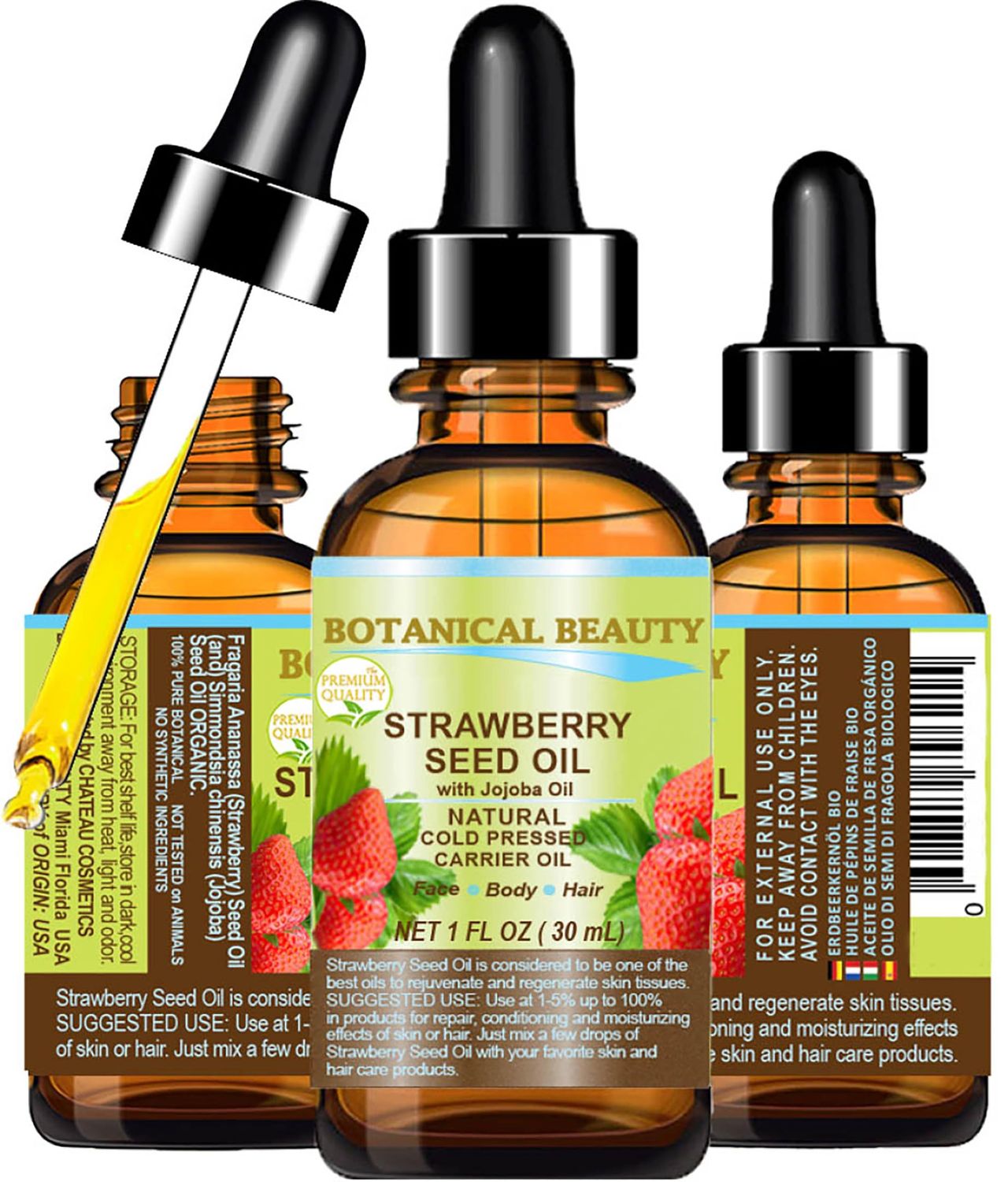 Botanical Beauty STRAWBERRY SEED OIL 100 Pure Natural Moisturizer. Cold Pressed Carrier oil. 1 Fl.oz.- 30 ml. For Face, Skin, Hair, Lip, Nails. Rich in Omega-3, Vitamin C, Vitamin E