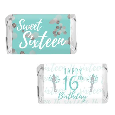 Blue and Silver Sweet 16 Birthday Party Mini Chocolate Candy Bar Wrappers, Blue Sweet Sixteen Party Favor Stickers - 45 Count
