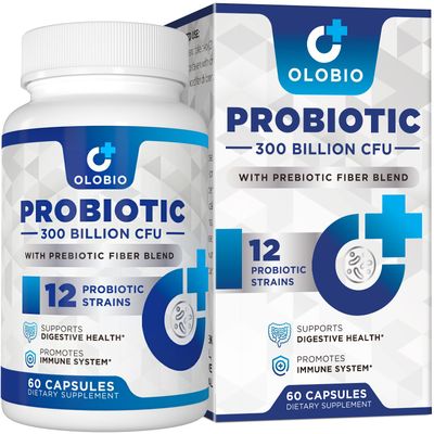 OLOBIO 300 Billion CFU Probiotic, 12 Strains with 3 Organic Prebiotics, Probiotics for Women and Men, Daily Supplement for Digestive, Immune, Gut Bloating Health, Shelf Stable, Vegan, 60 Counts