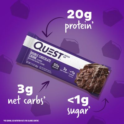 Quest Nutrition Double Chocolate Chunk Protein Bars, 20g Protein Bars, 1g Sugar, 4g Net Carb, Gluten Free, Keto Friendly, 4 Count