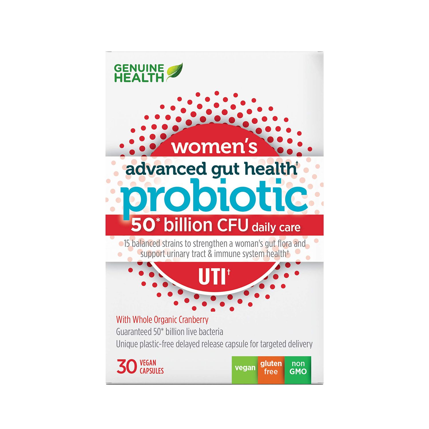 Genuine Health Women&#39;s Daily Probiotic for UTI Support, Helps Promote A Healthy Urinary Tract, Multi-Strain, Organic Formula with Cranberry, 30 Capsules