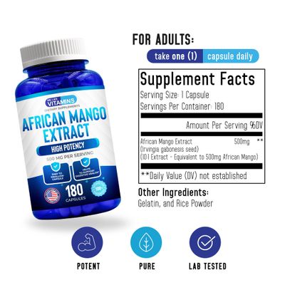 We Like Vitamins African Mango Extract 500mg - 5000mg Equivalent 10:1-180 Capsules - 6 Month Supply of African Mango Capsules - Supports Metabolism of Fat and Digestive Health