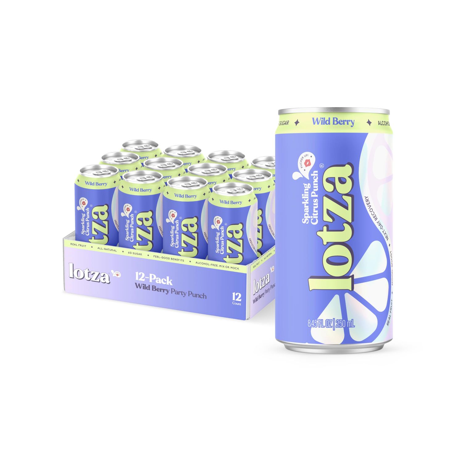 Lotza Sparkling Citrus Punch, Non-Alcoholic Mixer or Mocktail with Adaptogens, Electrolytes, Antioxidants, Seltzer Water Fruit Juice (8.45 oz, Pack of 12) - Wild Berry