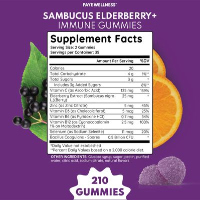 Elderberry Gummies Immune Support, Daily Support for Kids and Adults, with Sambucus Elderberry, Zinc, Vitamin C, D3, B6, B12, Plus - Dietary Supplement - 210 Count