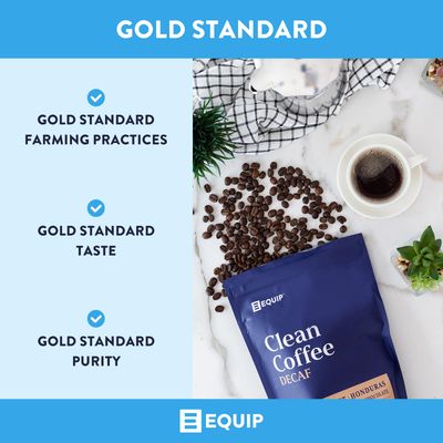 Equip Foods Decaf Clean Coffee Gold Standard, Certified Organic, Fair Trade, Regenerative Medium Roast, Whole Bean, Honduras CaramelMarshmallowMilk Chocolate
