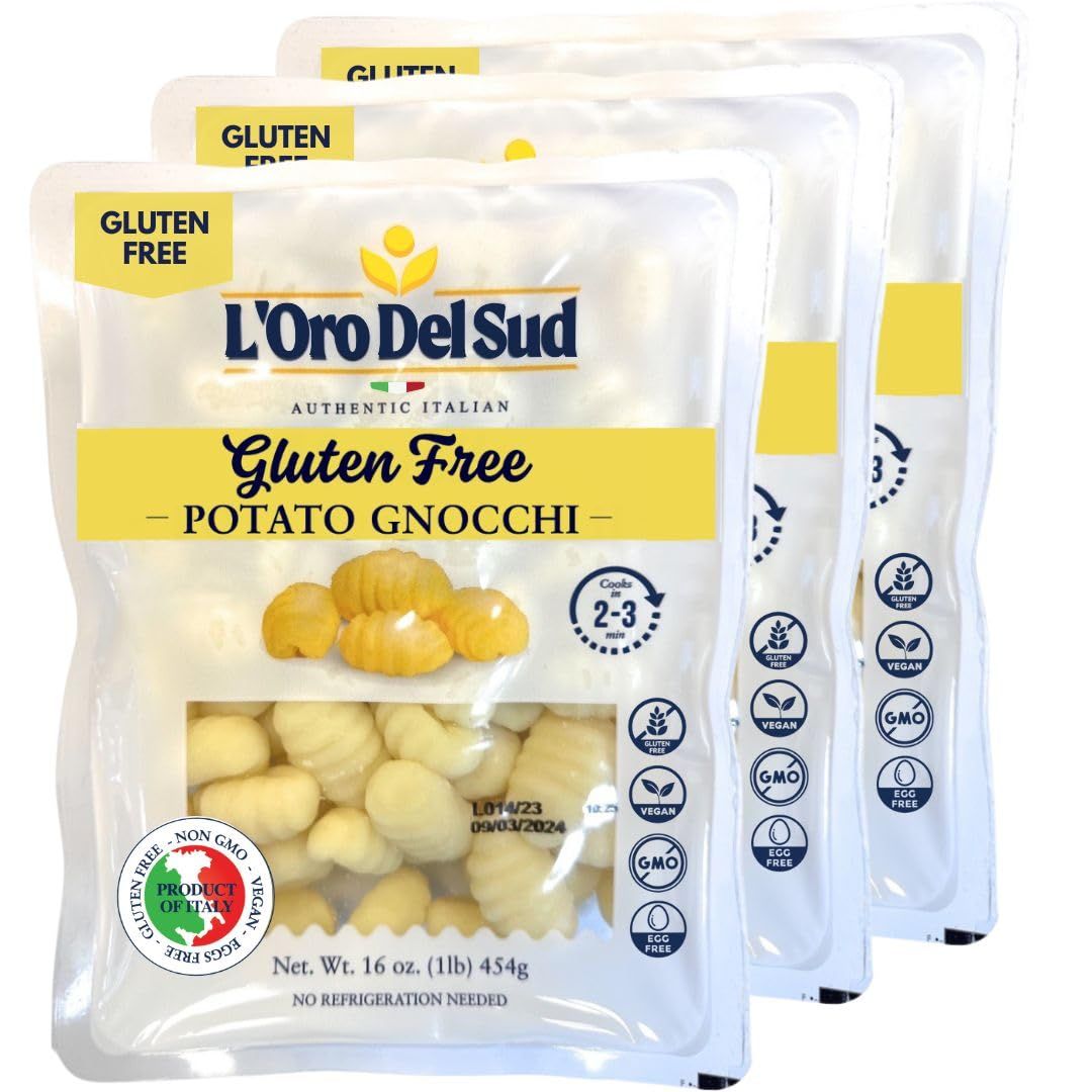 L&#39;Oro Del Sud 3 Pack, Gluten Free Potato Gnocchi, Cooks in 2-3 Minutes, (3 x 1 lb), Italian Gnocchi, Product of Italy, NON GMO, Eggs Free, Vegan