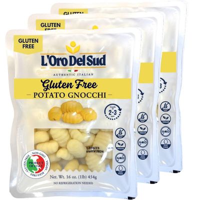 L&#39;Oro Del Sud 3 Pack, Gluten Free Potato Gnocchi, Cooks in 2-3 Minutes, (3 x 1 lb), Italian Gnocchi, Product of Italy, NON GMO, Eggs Free, Vegan