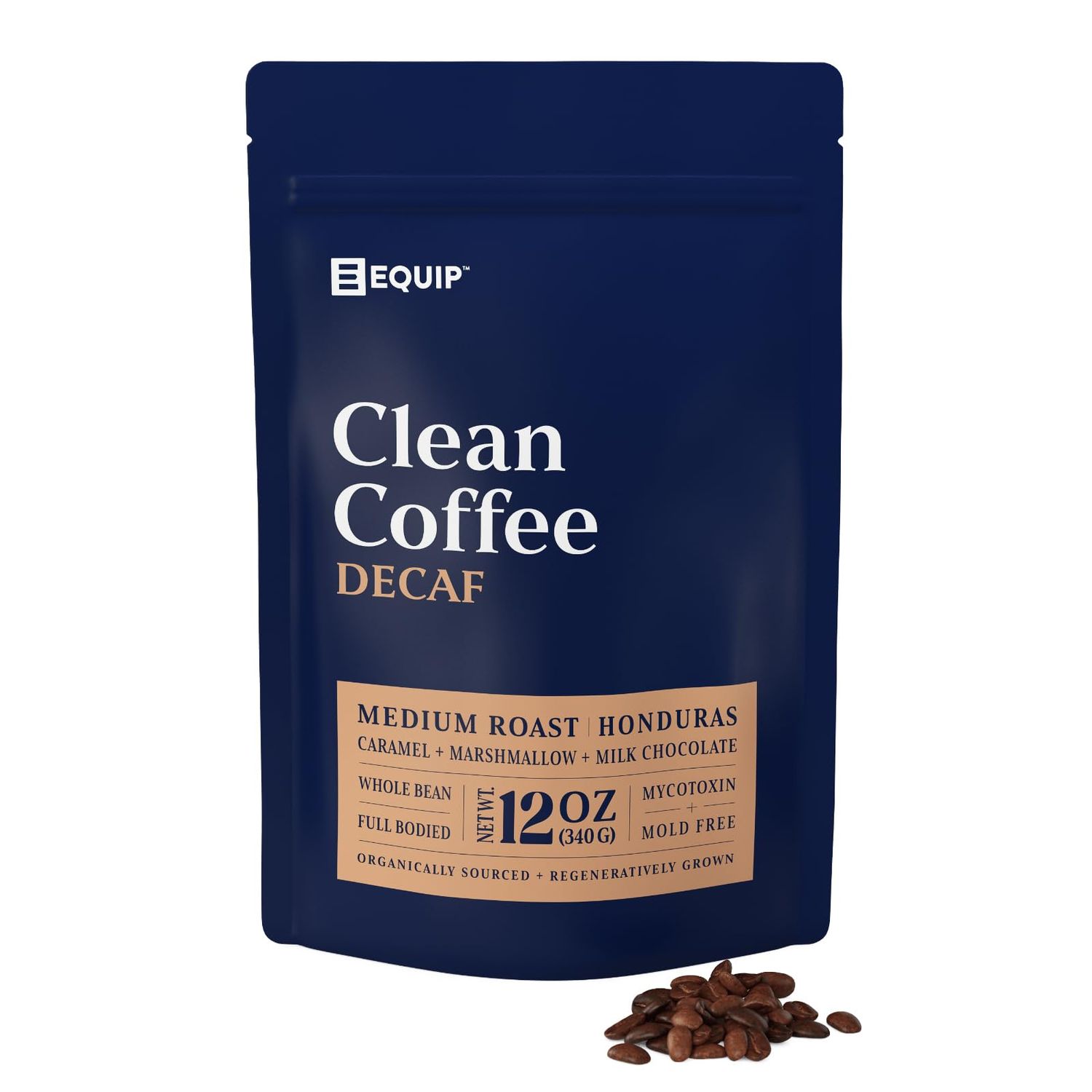 Equip Foods Decaf Clean Coffee Gold Standard, Certified Organic, Fair Trade, Regenerative Medium Roast, Whole Bean, Honduras CaramelMarshmallowMilk Chocolate