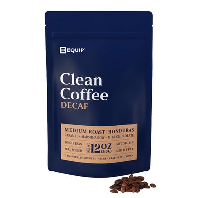 Equip Foods Decaf Clean Coffee Gold Standard, Certified Organic, Fair Trade, Regenerative Medium Roast, Whole Bean, Honduras CaramelMarshmallowMilk Chocolate