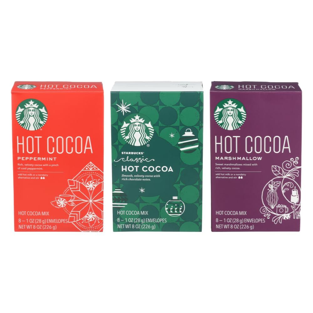 Starbucks Hot Cocoa Mix Packets Variety Pack, 1 Box Peppermint Hot Cocoa, 1 Mix Classic Hot Cocoa, 1 Box Marshmallow Hot Cocoa, 8-1oz PacketsBox (Pack of 3 Boxes)