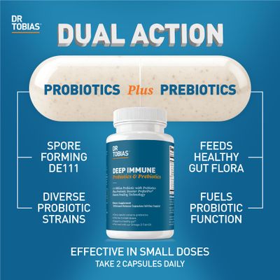 Dr. Tobias Deep Immune Probiotics Prebiotics, Dual Action Digestion Immune Support with PreforPro Prebiotics Delayed Release Spore Forming Probiotics for Women Men, 120 Capsules, 60 Servings