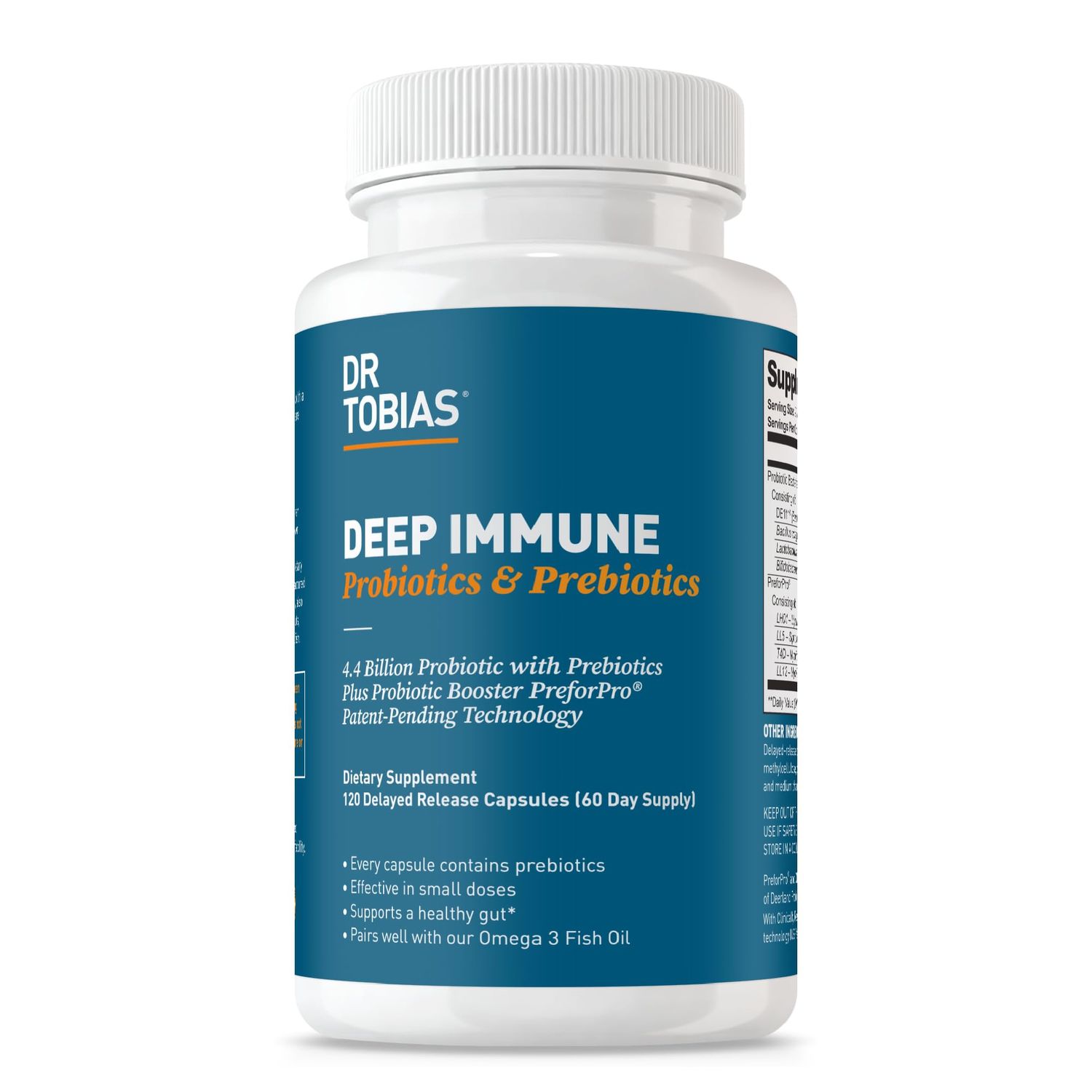 Dr. Tobias Deep Immune Probiotics Prebiotics, Dual Action Digestion Immune Support with PreforPro Prebiotics Delayed Release Spore Forming Probiotics for Women Men, 120 Capsules, 60 Servings