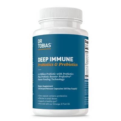 Dr. Tobias Deep Immune Probiotics Prebiotics, Dual Action Digestion Immune Support with PreforPro Prebiotics Delayed Release Spore Forming Probiotics for Women Men, 120 Capsules, 60 Servings