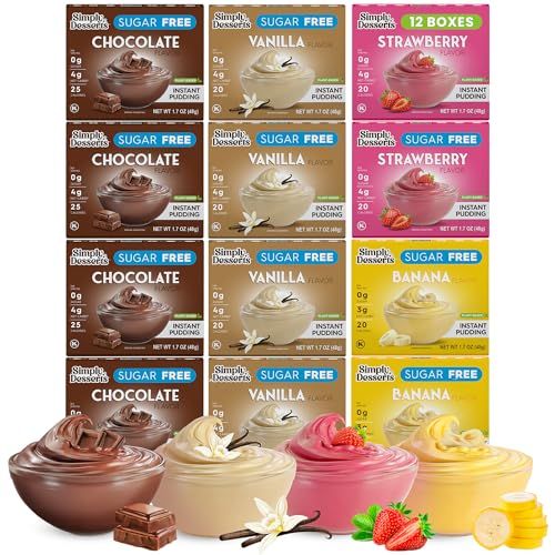 Simply Desserts Vanilla, Strawberry, Banana Chocolate Instant Pudding, Sugar-Free, Variety 12-Pack - Gluten-Free Dessert, Keto Snacks, Diabetic Friendly Kosher, 1.7 Oz Ea