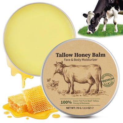 Beef Tallow for Skin, 2.5Fl Oz Tallow and Honey Balm for Face Moisturizer, Grass Fed Whipped Beef Tallows Cream Soothes Dryness, Deeply Nourishing SkinFaceBody