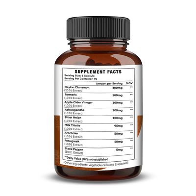 All-in-1 1000mg Highest Potency Ceylon Cinnamon, Turmeric, Apple Cider Vinegar, Ashwagandha, Bitter Melon with Milk Thistle, Artichoke Fenugreek - Gluco Health Support - 90 Vegan Capsules