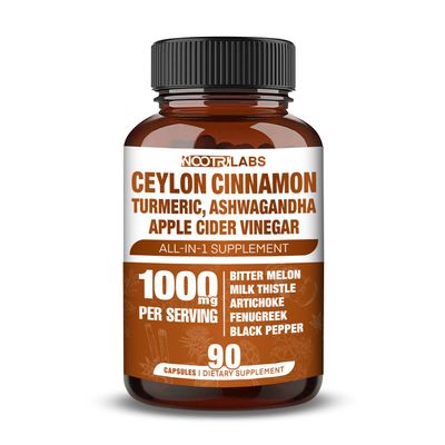 All-in-1 1000mg Highest Potency Ceylon Cinnamon, Turmeric, Apple Cider Vinegar, Ashwagandha, Bitter Melon with Milk Thistle, Artichoke Fenugreek - Gluco Health Support - 90 Vegan Capsules