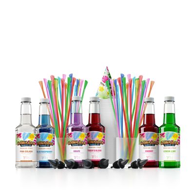 Hawaiian Shaved Ice Syrup Assortment with 6 - 16oz Bottles, 50 Snow Cone Cups, Spoon Straws, and Pouring Spouts. Flavors: Tiger s Blood, Pina Colada, Blue Raspberry, Grape, Cherry, Lemon-Lime