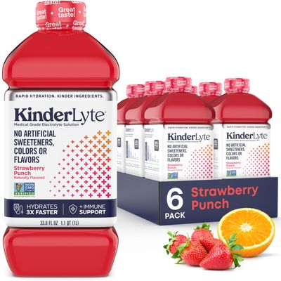 Kinderlyte Electrolyte Solution, 2X Faster Hydration vs. Water Alone, No Artificial Sweeteners or Flavors, No Synthetic Dyes, Strawberry Punch, for Kids and Adults, 33.8 fl oz (Pack of 6)