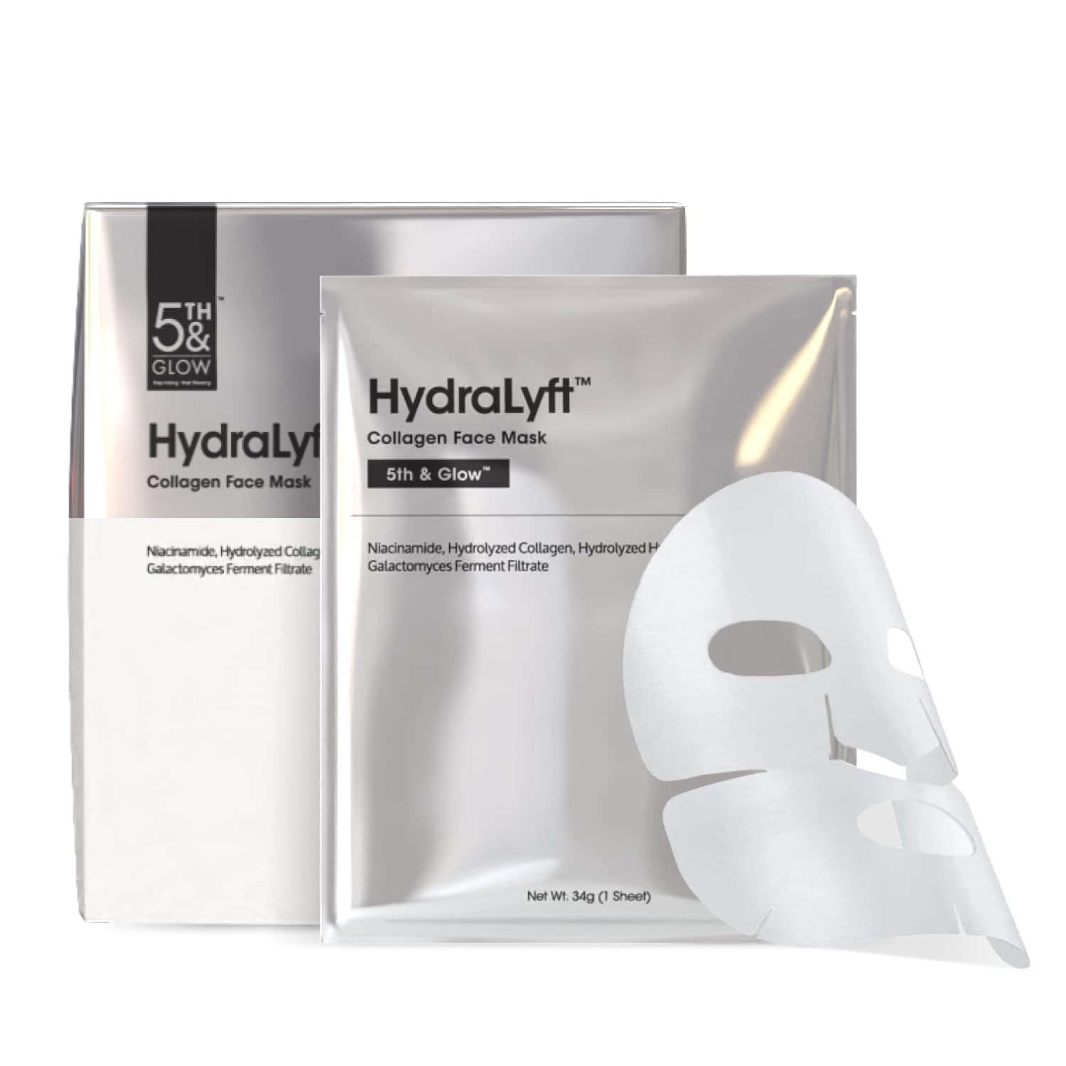 5th Glow HydraLyft - Collagen Face Mask - Collagen Hydrogel Mask with Hyaluronic Acid Niacinamide - Deep Hydration, Anti-Aging Firming Collagen Mask for a Youthful, Glass Skin Glow - 4 Sheets