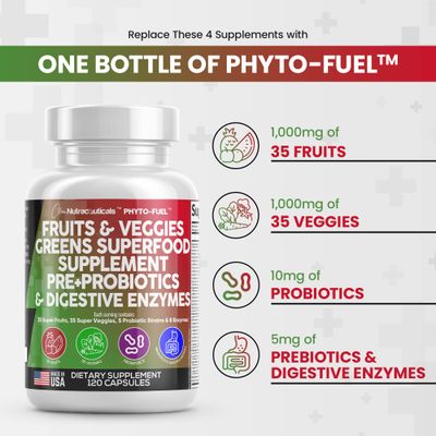 Clean Nutraceuticals Fruits and Veggies Supplement Reds Green Superfood - Balance of Over 70 Fruit Vegetable Supplements Capsules with Probiotics Prebiotics Digestive Enzymes - 120 Ct USA
