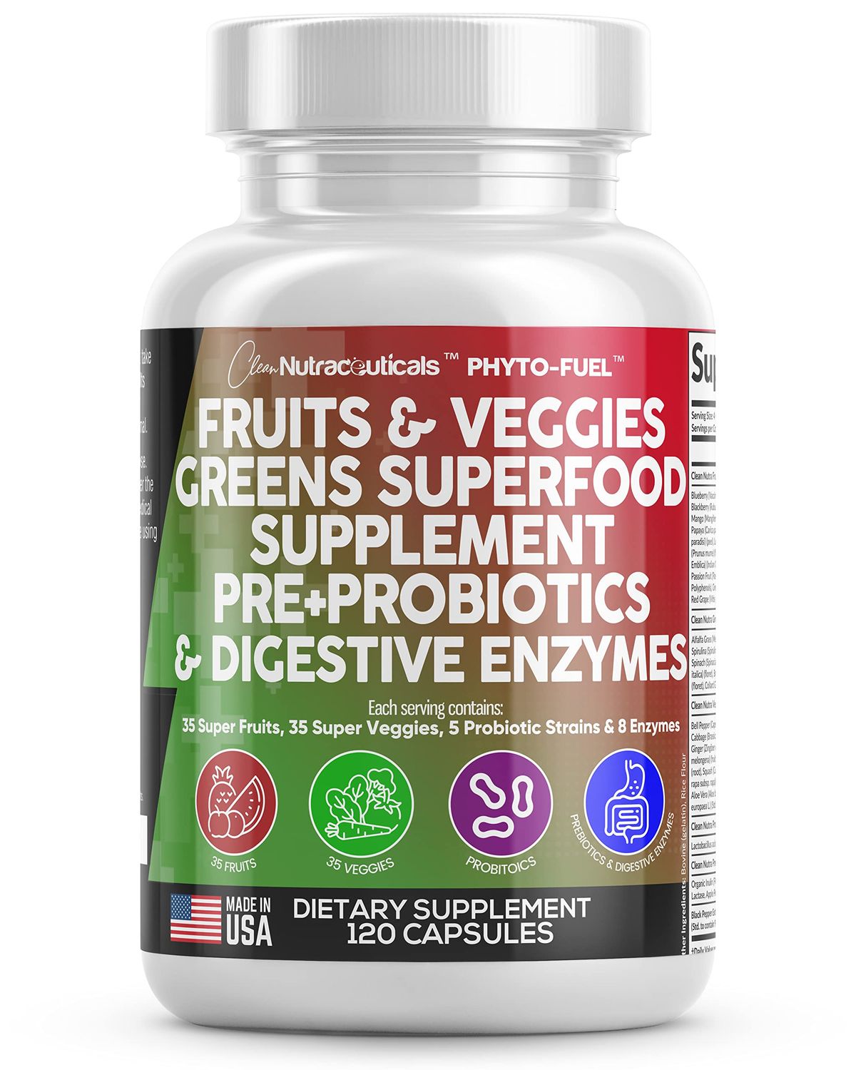 Clean Nutraceuticals Fruits and Veggies Supplement Reds Green Superfood - Balance of Over 70 Fruit Vegetable Supplements Capsules with Probiotics Prebiotics Digestive Enzymes - 120 Ct USA