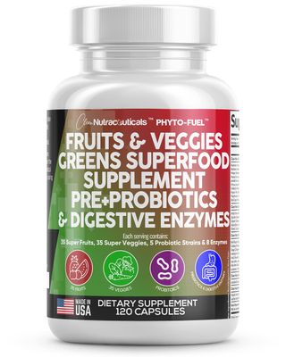 Clean Nutraceuticals Fruits and Veggies Supplement Reds Green Superfood - Balance of Over 70 Fruit Vegetable Supplements Capsules with Probiotics Prebiotics Digestive Enzymes - 120 Ct USA