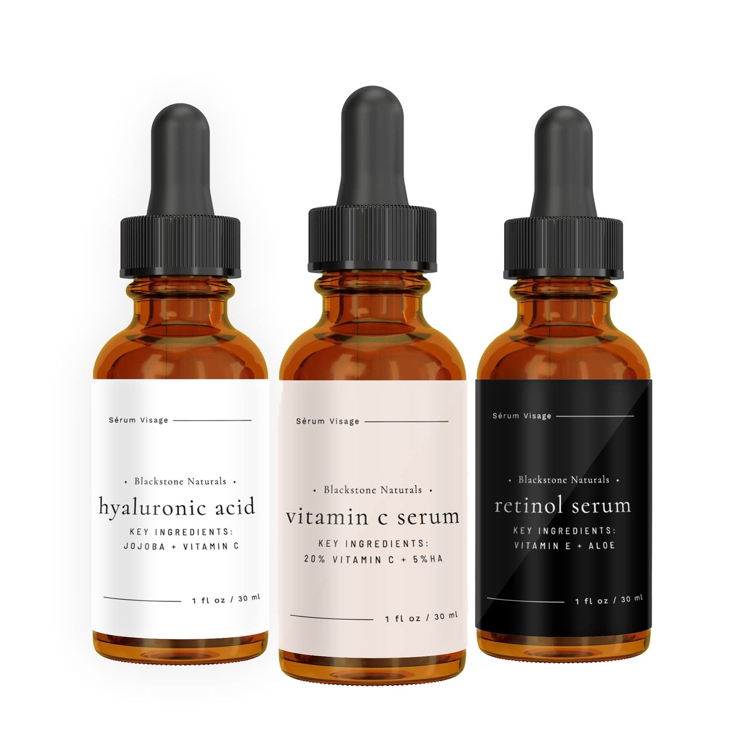 Blackstone Age Defying Facial Serum Set Vitamin-C, Retinol, Hyaluronic Acid (3 Pack) for Day and Night Beauty Regimen - All Natural and Moisturizing