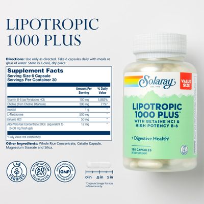 Solaray Lipotropic 1000 Plus with Betaine HCl High Potency B-6, Healthy Digestion, Energy, and Fat Metabolism Support, Lipotropic Complex Plus Aloe Vera, 60 Day Guarantee, 30 Servings, 180 Capsules