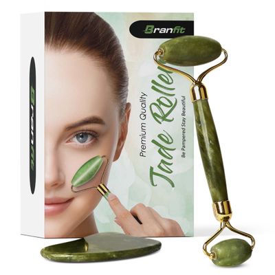 Gua Sha Massage Tool Jade Roller Skin Care Kit by Branfit, 100 Natural Jade Roller Beauty Product for Anti-Aging Anti-Wrinkle Treatment, Massager Wand for Neck and Puffy Eye Area
