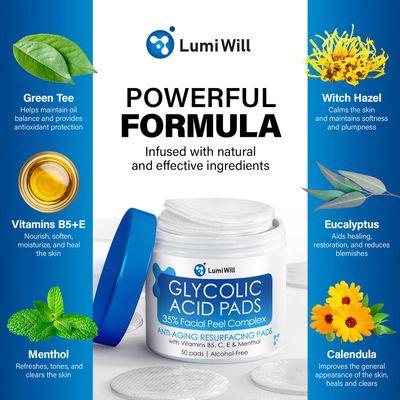 Glycolic Acid Pads - Exfoliating Pads with Glycolic Acid, Vitamins B5, C, E Menthol - Peel Pads for Acne - Anti-Aging Glycolic Acid Resurfacing Pads for Fine Lines and Wrinkles - 50 Pads