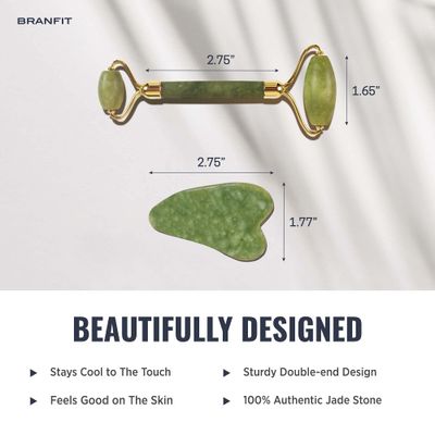 Gua Sha Massage Tool Jade Roller Skin Care Kit by Branfit, 100 Natural Jade Roller Beauty Product for Anti-Aging Anti-Wrinkle Treatment, Massager Wand for Neck and Puffy Eye Area