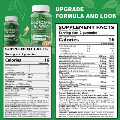 Chlorophyll Gummies, Super Green 18-IN-1 with Organic Chlorella Spirulina, Wheat Grass, Magnesium, Prebiotic Fiber for Internal Deodorant,Comfort Digestion, Metabolism,Immune, Fresh Body Odor, 2Packs