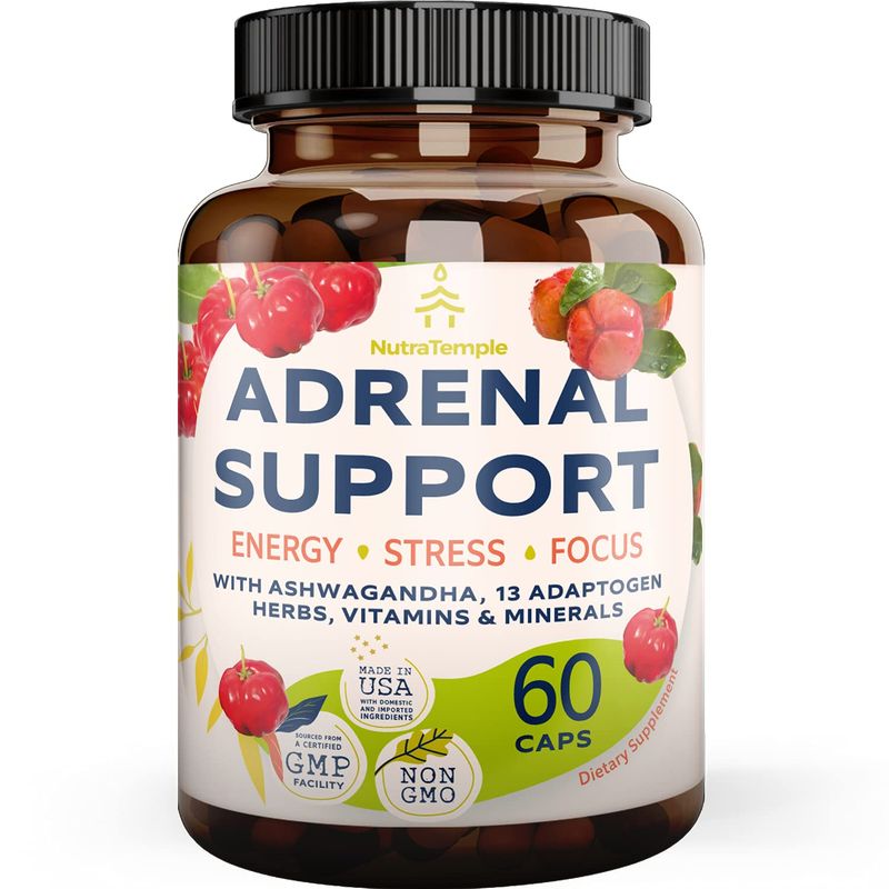 NUTRATEMPLE Adrenal Support Cortisol Manager - Extra Strength Adrenal Fatigue Supplements for Energy, Brain Fog with Ashwagandha, Rhodiola Rosea, L Thyrosine, Holy Basil - 60 Non GMO Pills