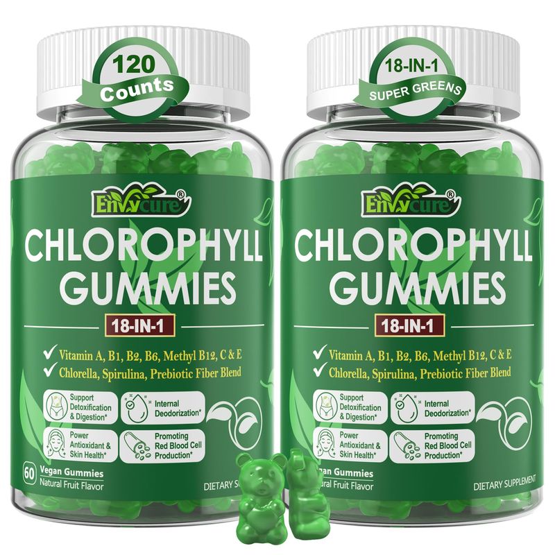 Chlorophyll Gummies, Super Green 18-IN-1 with Organic Chlorella Spirulina, Wheat Grass, Magnesium, Prebiotic Fiber for Internal Deodorant,Comfort Digestion, Metabolism,Immune, Fresh Body Odor, 2Packs
