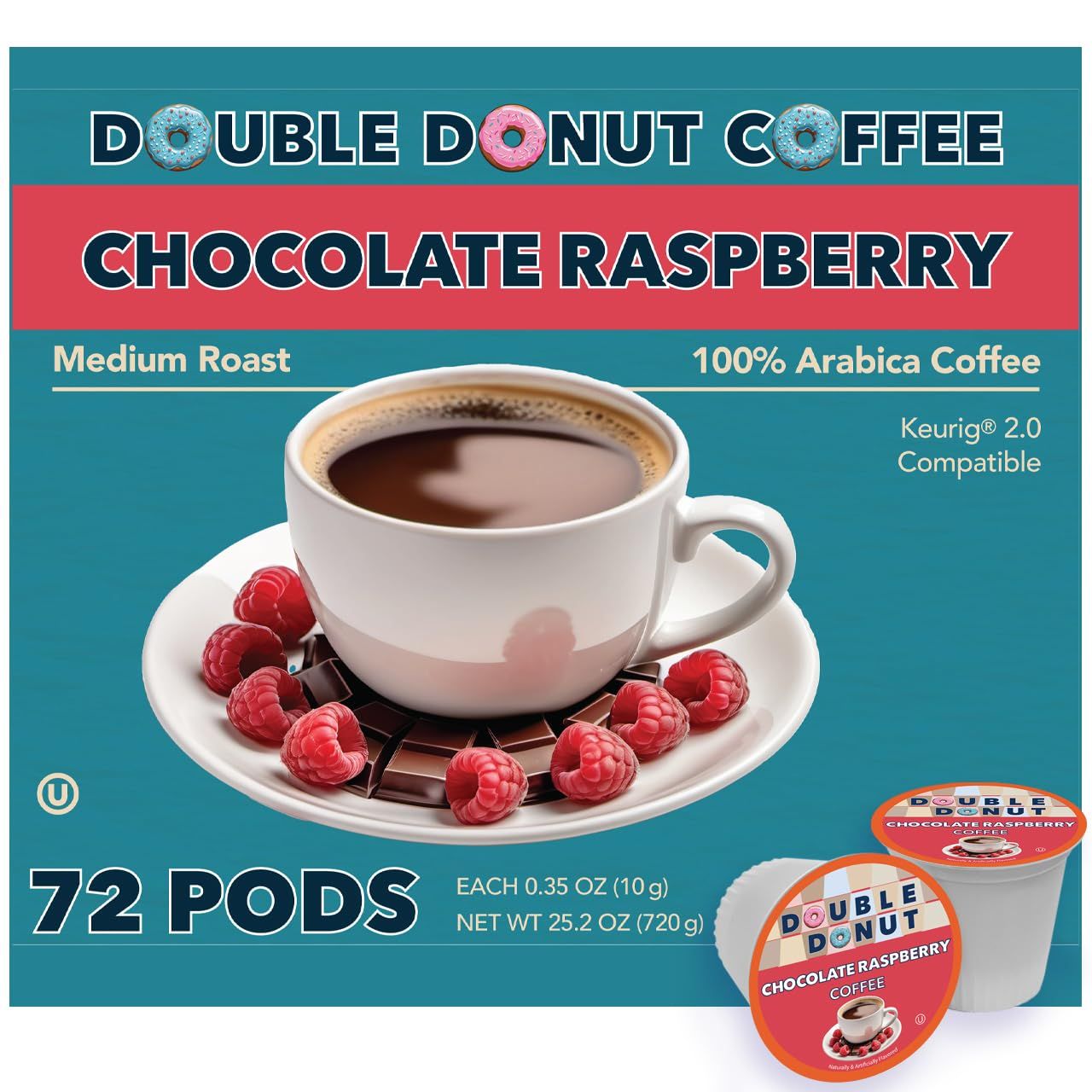Double Donut Chocolate Raspberry Flavored Coffee Pods, Medium Roast Coffee, Compatible with Keurig K Cups Brewers, 72 Count