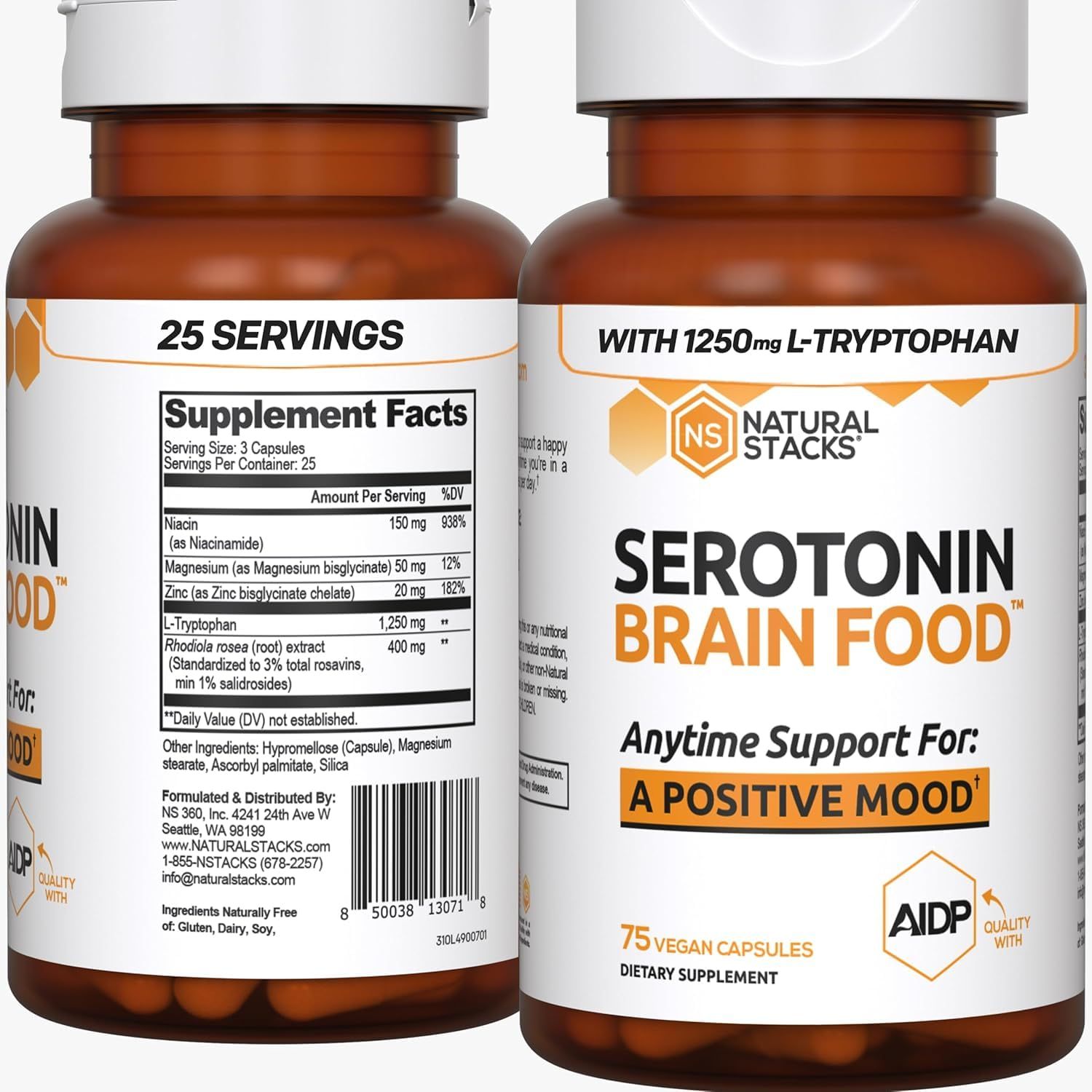 NATURAL STACKS Serotonin Brain Food wL-Tryptophan Rhodiola Rosea - Mood Support Supplement - Promotes Positive Mood, Calmness, Stress Relief - Happy Mood Brain Support Supplement - 75 Capsules