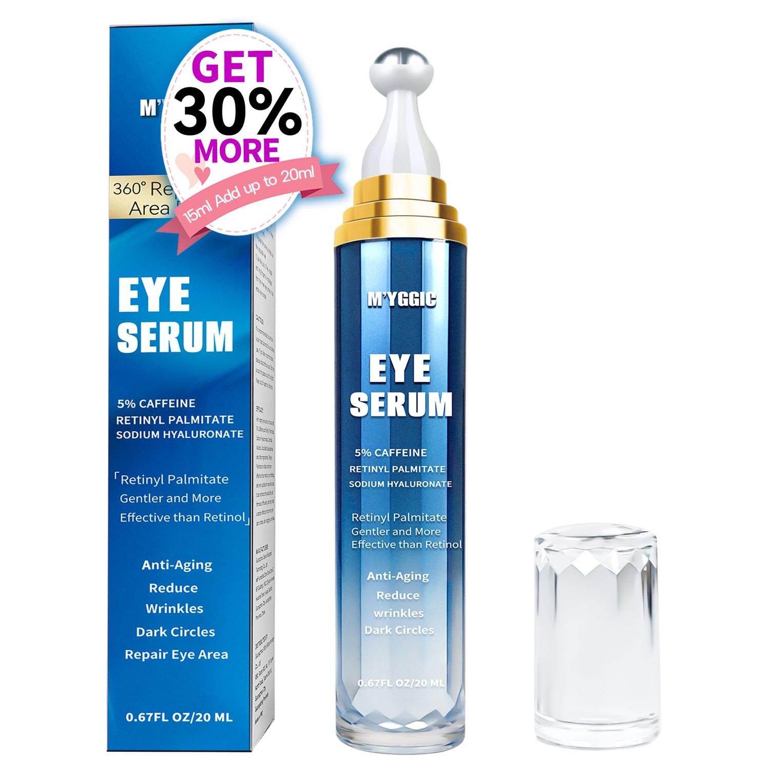 Caffeine Eye Cream for Dark Circles, Pro-Retinol Eye Serum Anti Aging to Reduce Wrinkles Puffiness Fine Lines, Under Eye Bags 360 Rolling Massage, 0.67 fl oz 20 mL