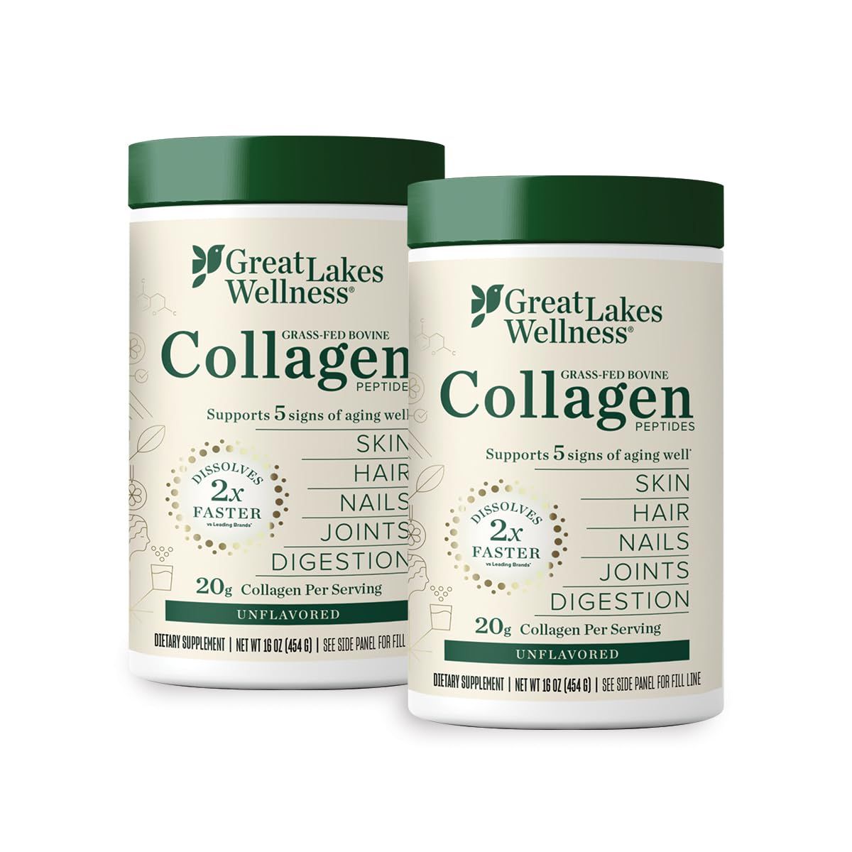 Great Lakes Wellness Collagen Peptides Powder for Skin, Hair, Nails, Joints Digestion - Unflavored - Quick Dissolve Hydrolyzed, Non-GMO, Keto, Kosher - 16 oz - 2 Pack