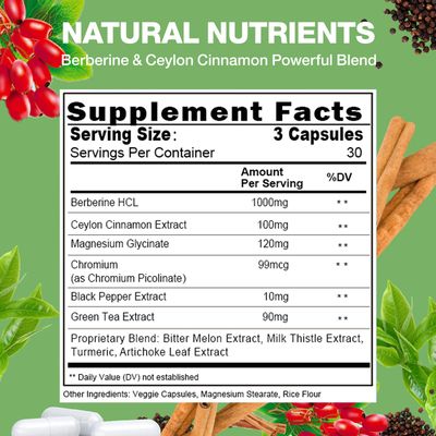 Berberine Supplement with Ceylon Cinnamon Chromium Picolinate, 10-in-1 Berberine 1000mg Per Serving, Berberine 5X for Metabolism, Heart and Immune Support (90 Capsules)
