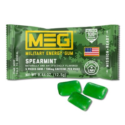 MEG - Military Energy Gum 100mg of Caffeine Per Piece Increase Energy Boost Physical Performance Spearmint 24 Pack (120 Count)