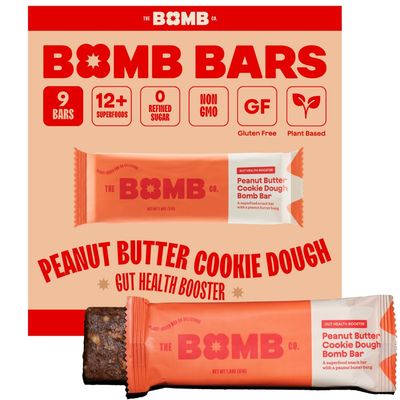 The Bomb Co. Blender Bomb Bar, Peanut Butter Cookie Dough, Superfood Snack Bar for Gut Health, Peanut Butter, Hemp Seeds, Chia Seeds, Flax Seeds, Sea Salt, Aloe Vera, Vegan Chocolate Chips, 9 Bars