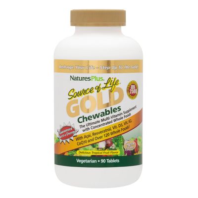 Natures Plus Source of Life Gold Multivitamin - 90 Chewable Tablets, Pack of 2 - with Vitamins D3, B12, K2 More Than 120 Whole Foods - Blood, Bone Immune Support - Gluten Free - 30 Servings
